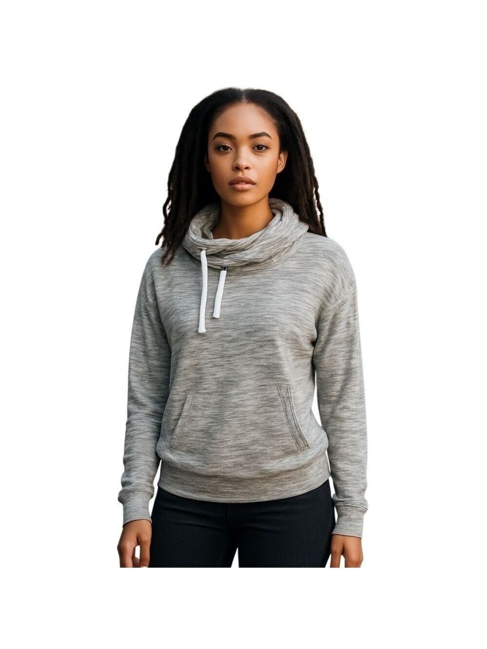 Reebok Cowl Neck Pullover Fleece Sweatshirt Hoodie Grey Marled Knit Size S cuffs